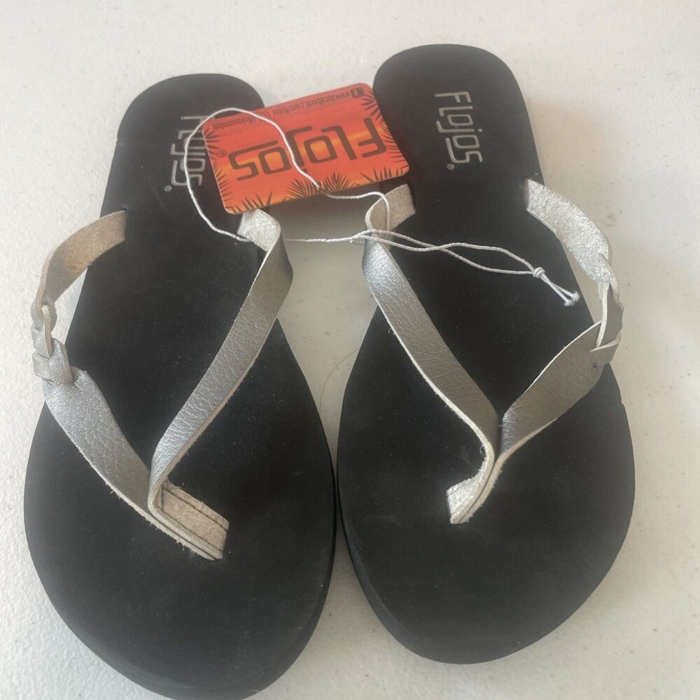 New NWT Womens Flojos Serenity Metallic Silver Black Flip Flops Sandals 6M